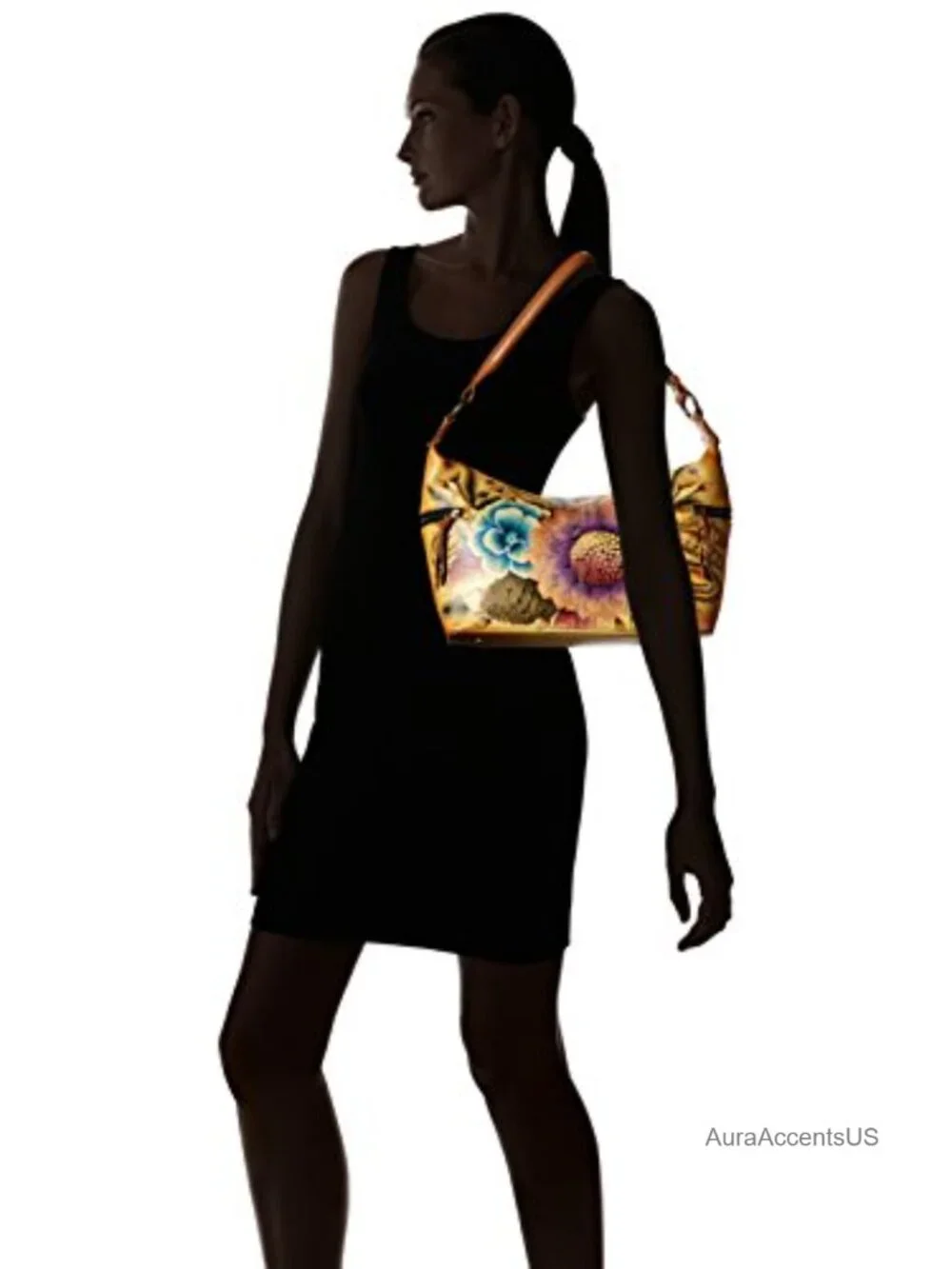Genuine Leather Hand Painted Medium East-West Hobo Zip-Top Shoulder Bag